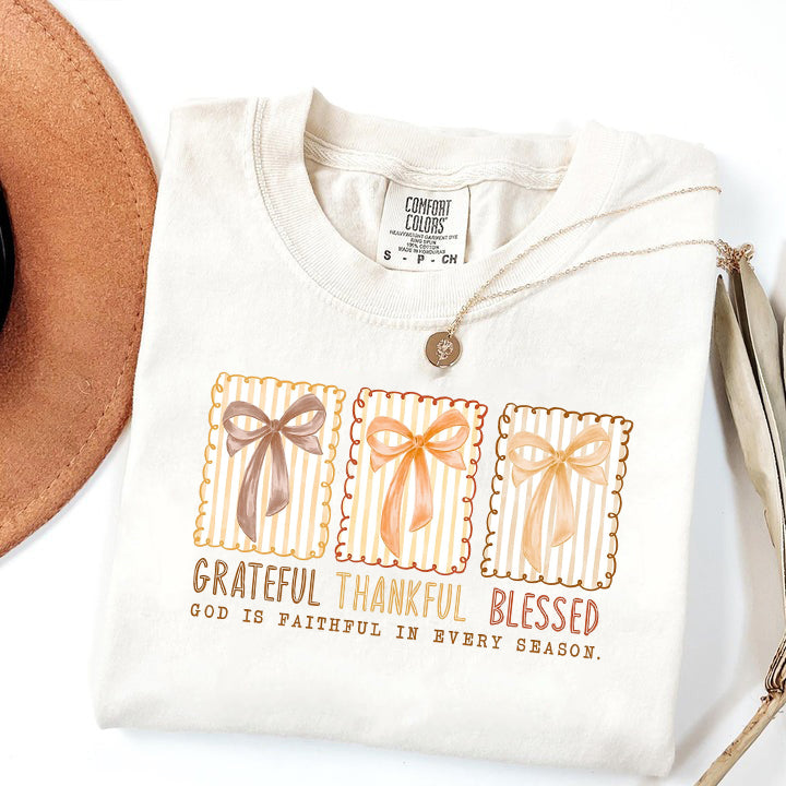 Grateful Thankful Blessed Comfort Color, Coquette Fall Season Sweater, Christian Fall Bow Shirt, Faith Based Autumn Sublimation, Religious Fall Shirts